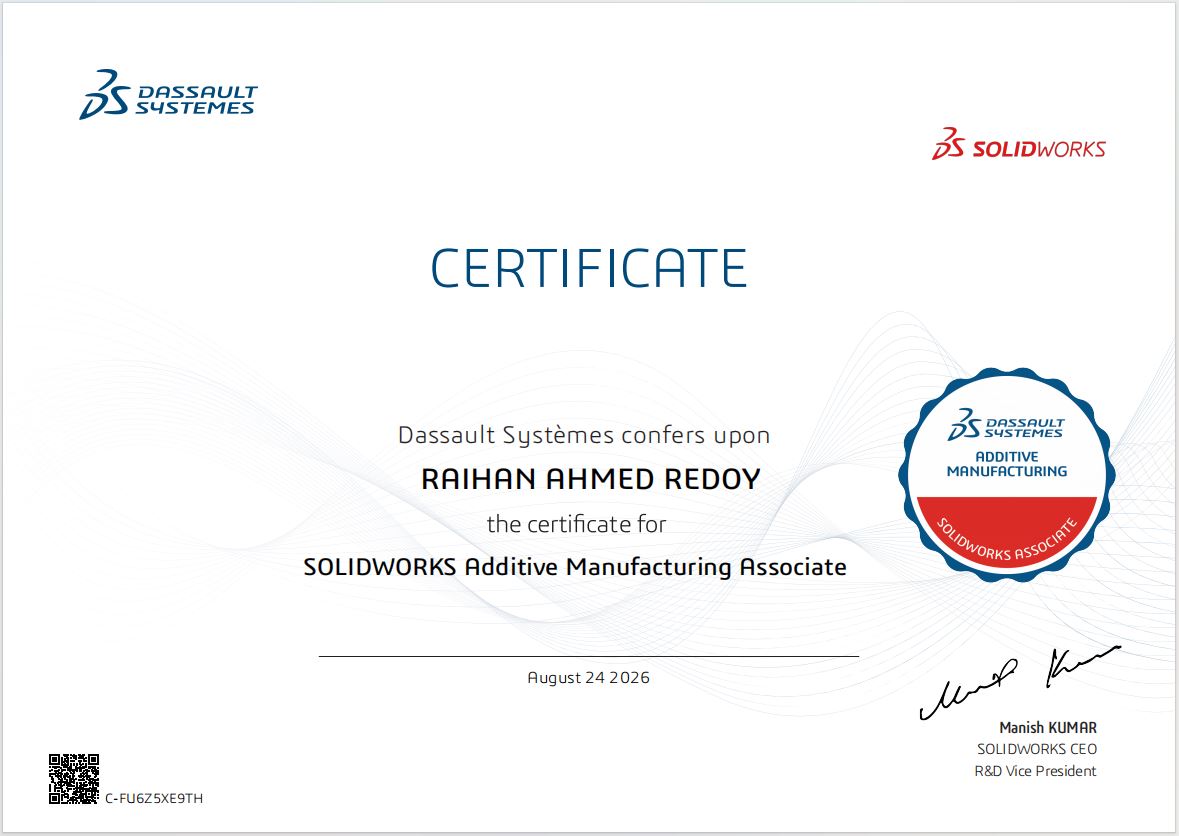 Certified SOLIDWORKS Additive Manufacturing Associate certificate of Raihan Ahmed Redoy